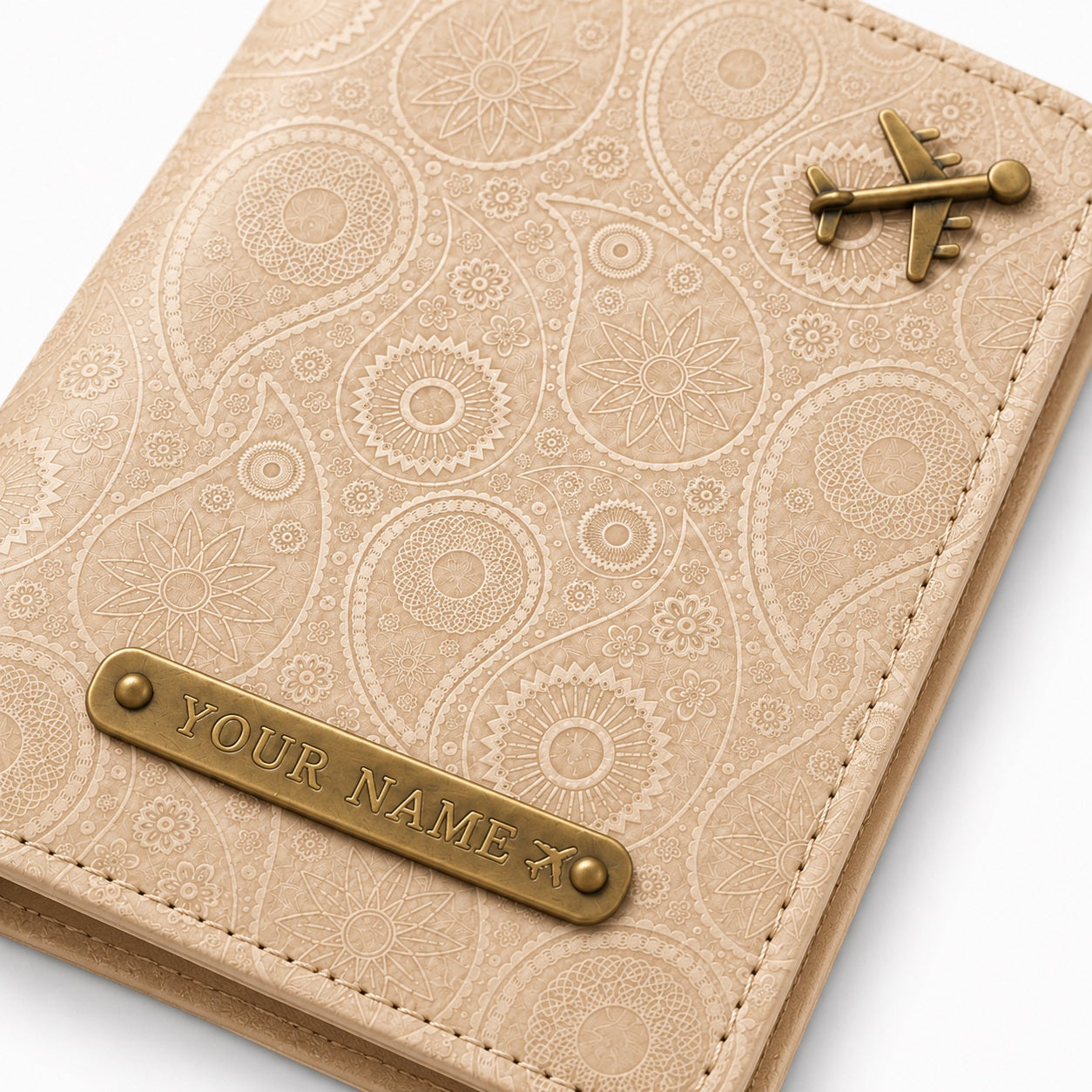 Personalized Passport Cover with Custom Name Tag & Airplane Charm - Beige