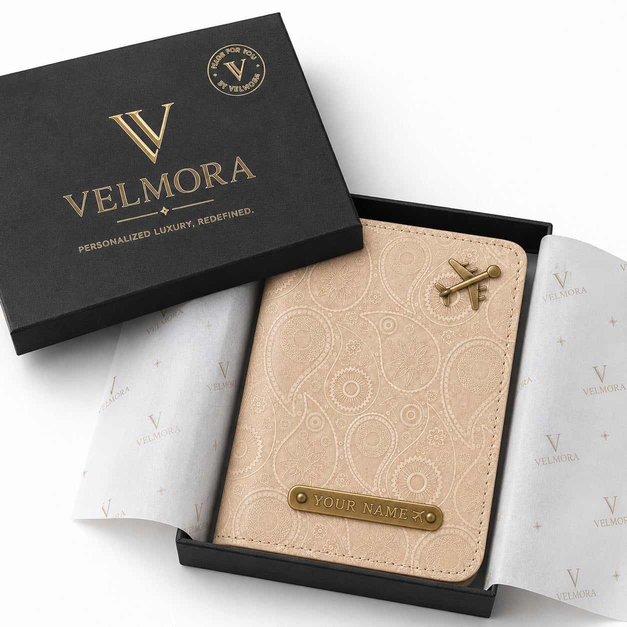 Personalized Passport Cover with Custom Name Tag & Airplane Charm - Beige