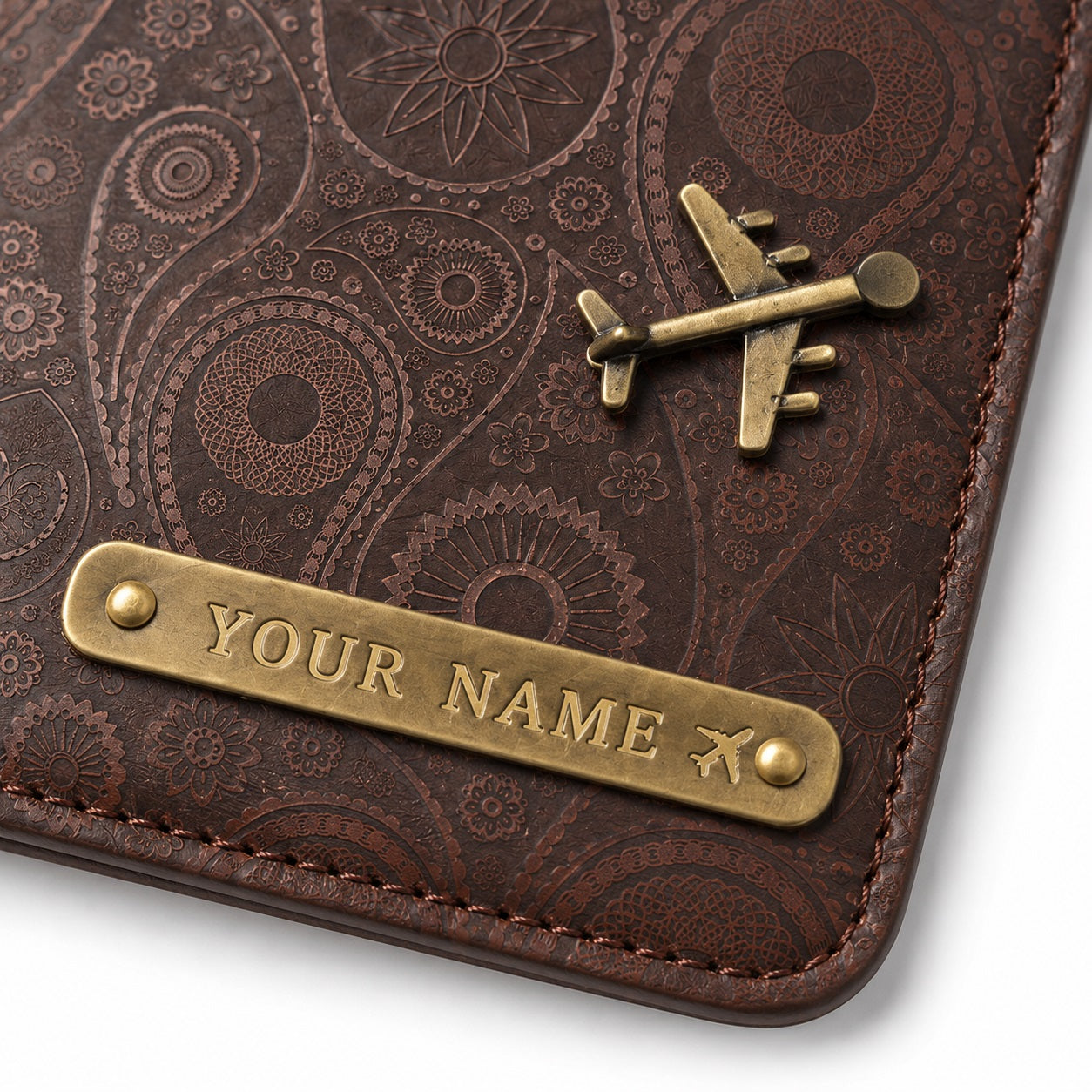 ersonalized Passport Cover with Custom Name Tag & Airplane Charm - Brown