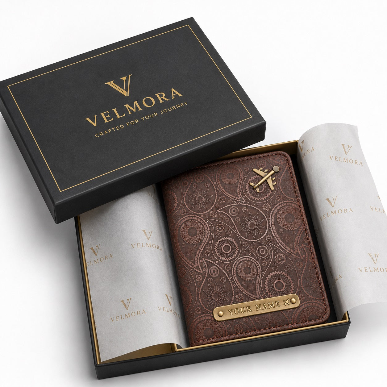 ersonalized Passport Cover with Custom Name Tag & Airplane Charm - Brown
